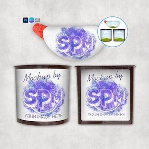 May include: A digital mockup set featuring a curved pouch, a cylindrical container, and a square container, all displaying a purple watercolor circle graphic with the text SPM and the phrase Mockup by YOUR IMAGE HERE.