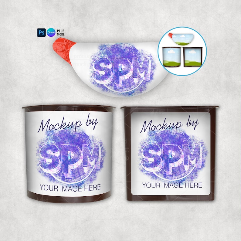 May include: A digital mockup set featuring a curved pouch, a cylindrical container, and a square container, all displaying a purple watercolor circle graphic with the text SPM and the phrase Mockup by YOUR IMAGE HERE.