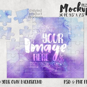 May include: A 30-piece jigsaw puzzle mockup with a watercolor background in shades of purple and blue. The puzzle pieces are arranged in a square shape, and the center of the puzzle features the text "YOUR IMAGE HERE" in white. The text is surrounded by a floral design.