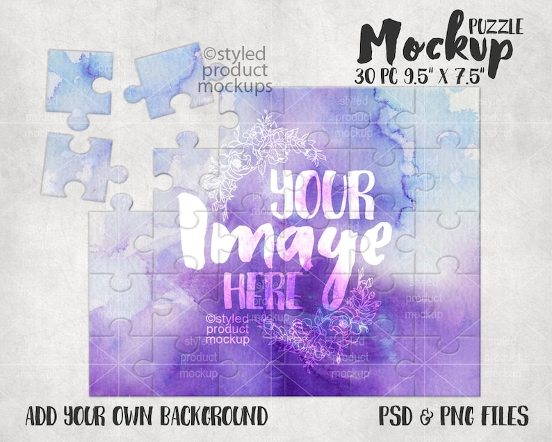 May include: A 30-piece jigsaw puzzle mockup with a watercolor background in shades of purple and blue. The puzzle pieces are arranged in a square shape, and the center of the puzzle features the text "YOUR IMAGE HERE" in white. The text is surrounded by a floral design.