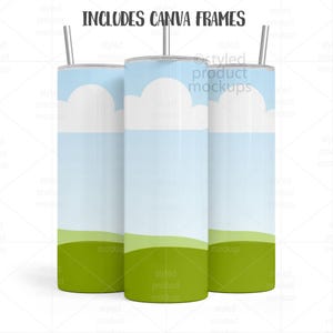 May include: Three stainless steel tumblers with a sky and grass design. The design features a blue sky with white clouds and a green grassy area. Each tumbler has a silver straw and the text "INCLUDES CANVA FRAMES".