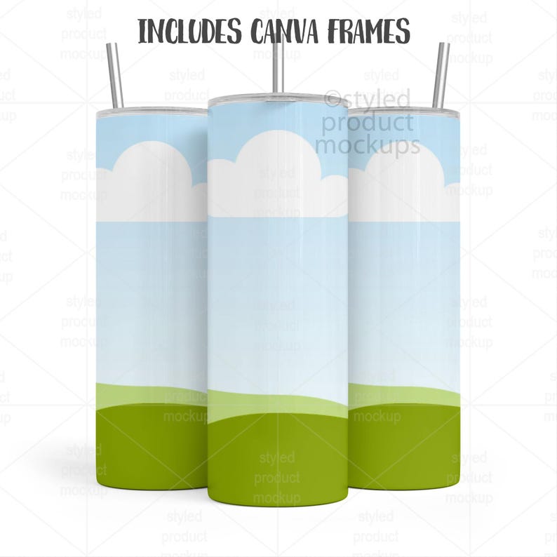 May include: Three stainless steel tumblers with a sky and grass design. The design features a blue sky with white clouds and a green grassy area. Each tumbler has a silver straw and the text "INCLUDES CANVA FRAMES".