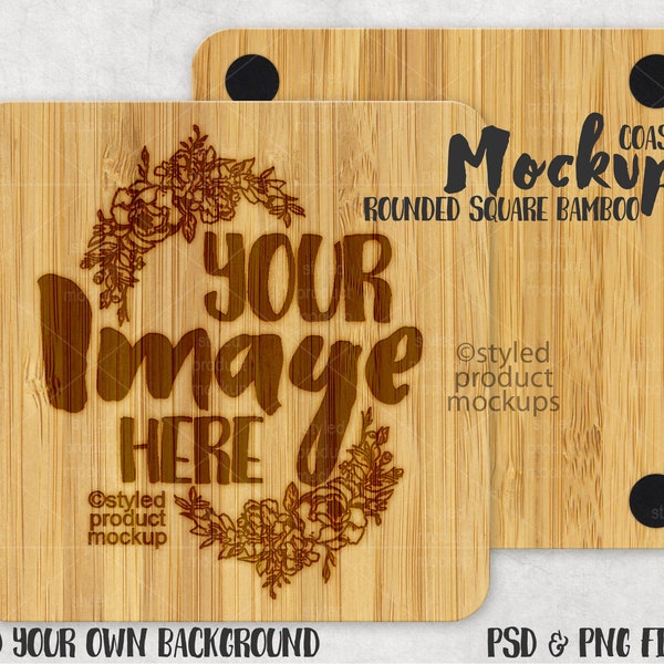 Laser Etched Square bamboo wood coaster mockup | Add your own image and background