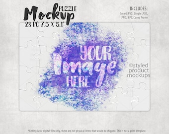 May include: A white jigsaw puzzle mockup with 28 pieces, measuring 7.5 x 5.1 inches. The puzzle is partially assembled, with a watercolor-style background featuring purple and blue hues. The text "YOUR IMAGE HERE" is superimposed on the background.
