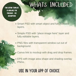 May include: A digital product listing template with a green watercolor design. The text includes "WHAT'S INCLUDED" and lists features like smart PSD files, PNGs, and a Canva link. The listing template is available for purchase.