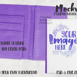 Dye sublimatie paspoort houder met kleur faux leder mockup | Uw eigen afbeelding en achtergrond toevoegen