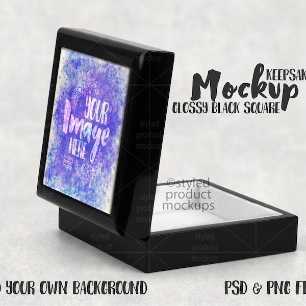 Dye sublimation glossy black keepsake box mockup | Add your own image and background