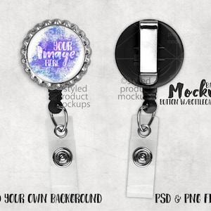 Könnte beinhalten: Ein silberner Badge-Reel mit einem schwarzen einziehbaren Band und einem durchsichtigen Plastik-Badge-Halter. Der Badge-Reel hat einen runden, silbernen Flaschenverschluss mit einem farbenfrohen Aquarell-Design und dem Text "YOUR Image HERE". Die Rückseite des Badge-Reels ist schwarz mit einem silbernen Clip.