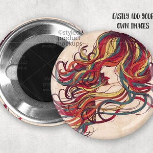 Pode incluir: Dois &iacute;manes redondos. Um &iacute;man apresenta o perfil de uma mulher com cabelo esvoa&ccedil;ante em tons de vermelho, amarelo e verde-azulado. O outro &iacute;man mostra a parte de tr&aacute;s com uma borda met&aacute;lica e um centro magn&eacute;tico preto. O texto na imagem diz "EASILY ADD YOUR OWN IMAGES."