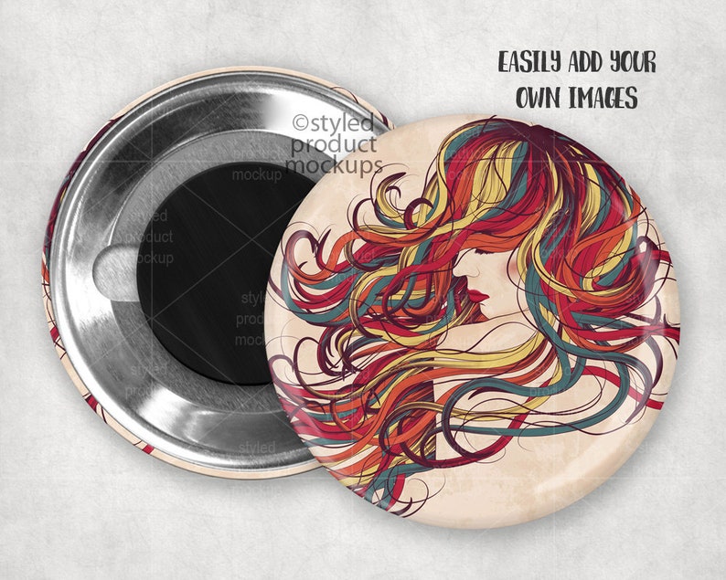 Pode incluir: Dois &iacute;manes redondos. Um &iacute;man apresenta o perfil de uma mulher com cabelo esvoa&ccedil;ante em tons de vermelho, amarelo e verde-azulado. O outro &iacute;man mostra a parte de tr&aacute;s com uma borda met&aacute;lica e um centro magn&eacute;tico preto. O texto na imagem diz "EASILY ADD YOUR OWN IMAGES."