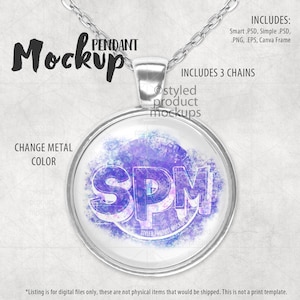 May include: A silver pendant mockup with a round glass charm featuring a purple and blue watercolour design with the text "SPM" in white. The pendant is on a silver chain.