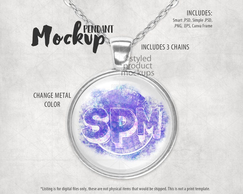 May include: A silver pendant mockup with a round glass charm featuring a purple and blue watercolour design with the text "SPM" in white. The pendant is on a silver chain.