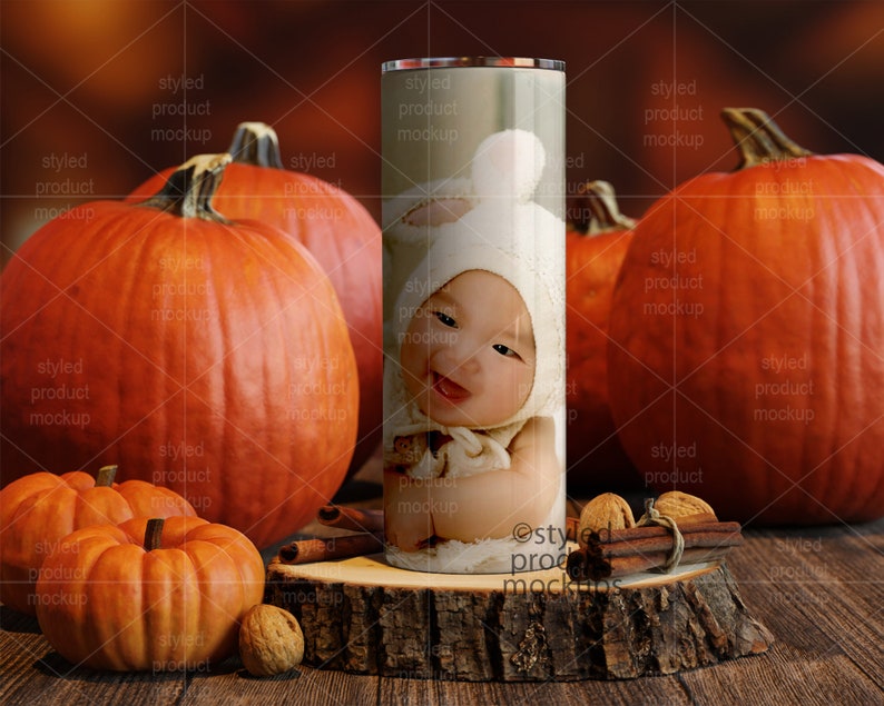 Dye sublimation 20oz skinny tumbler fall scene Mockup Add your own image image 4