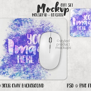 Dye sublimation mousepad and square hardboard coaster set mockup | Add your own image and background