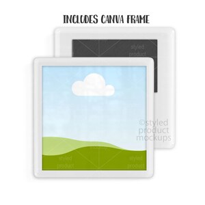 Puede incluir: Dos marcos cuadrados blancos, uno delante del otro. El marco frontal tiene un fondo de cielo azul con una nube blanca y colinas verdes. El texto "INCLUDES CANVA FRAME" est&aacute; en la parte superior.