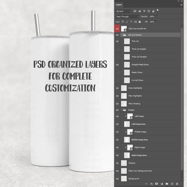 May include: Two white insulated tumblers with silver straws. The text on the tumblers reads "PSD ORGANIZED LAYERS FOR COMPLETE CUSTOMIZATION". The tumblers are designed for complete customization.