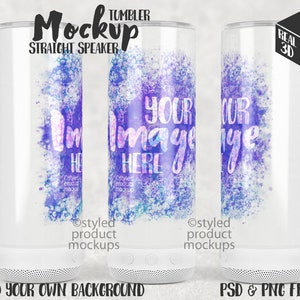 Dye sublimation straight speaker tumbler full wrap view Mockup | Add your own image and background