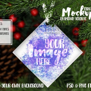 Dye sublimation diamond shaped acrylic Christmas Ornament Mockup | Add your own image and background