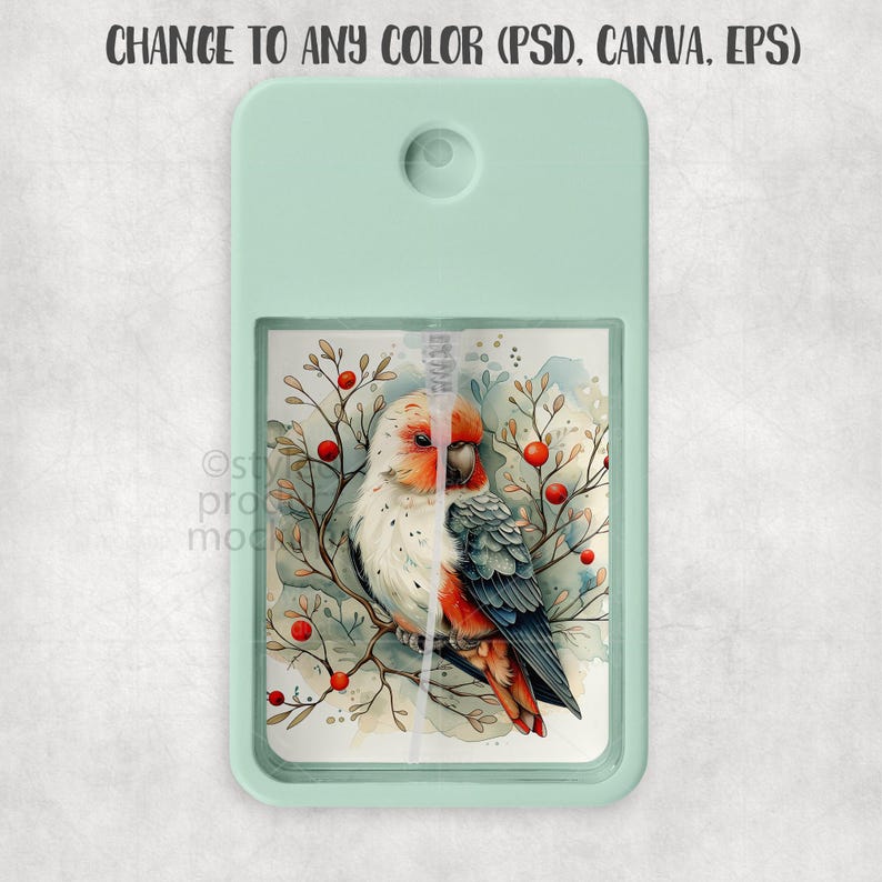 May include: A light green rectangular spray bottle with a watercolor illustration of a parrot. The parrot has white, orange, and gray feathers, perched on a branch with red berries. The text "CHANGE TO ANY COLOR (PSD, CANVA, EPS)" is at the top.