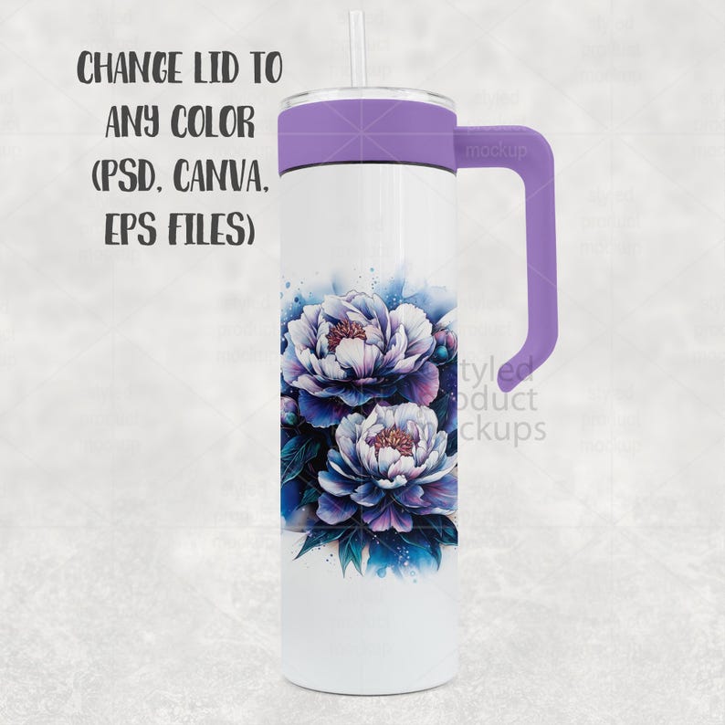May include: A white tumbler with a purple handle and lid, adorned with a watercolour floral design in purple and blue hues. The tumbler has a straw and text that reads "CHANGE LID TO ANY COLOR (PSD, CANVA, EPS FILES)".