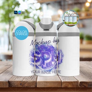 May include: Three white cylindrical tumblers with gray lids and flip-top spouts. The center tumbler features a purple circular watercolor graphic with the letters SPM and the text Mockup by and YOUR IMAGE HERE printed on the surface.