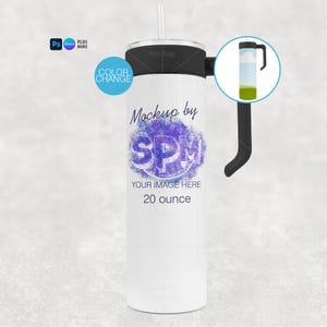 May include: A white 591 ml tumbler with a black lid and handle, including a straw. The tumbler has a design that says "Mockup by SPM" and "Your Image Here". A small circle indicates "Color Change".
