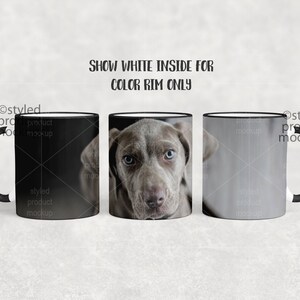 May include: Three black coffee mugs with white rims. The mug in the middle has a photo of a grey dog's face on it. The text "SHOW WHITE INSIDE FOR COLOR RIM ONLY" is above the mugs.