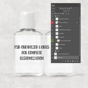 May include: A clear, rectangular bottle with a white cap and a blank label. The text "PSD ORGANIZED LAYERS FOR COMPLETE CUSTOMIZATION" is printed on the bottle. A digital interface with layers is visible.