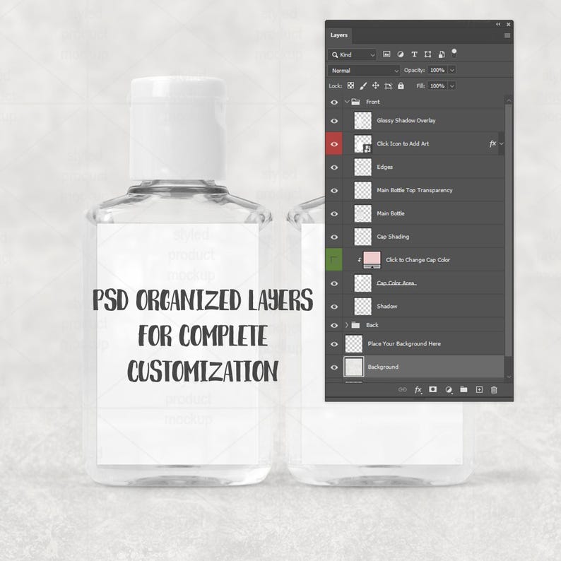 May include: A clear, rectangular bottle with a white cap and a blank label. The text "PSD ORGANIZED LAYERS FOR COMPLETE CUSTOMIZATION" is printed on the bottle. A digital interface with layers is visible.