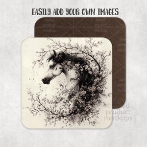 May include: A square coaster with a detailed illustration of a horse's head surrounded by flowering branches. The design is in black and white, with the text "EASILY ADD YOUR OWN IMAGES" at the top. A second coaster is visible in the background.