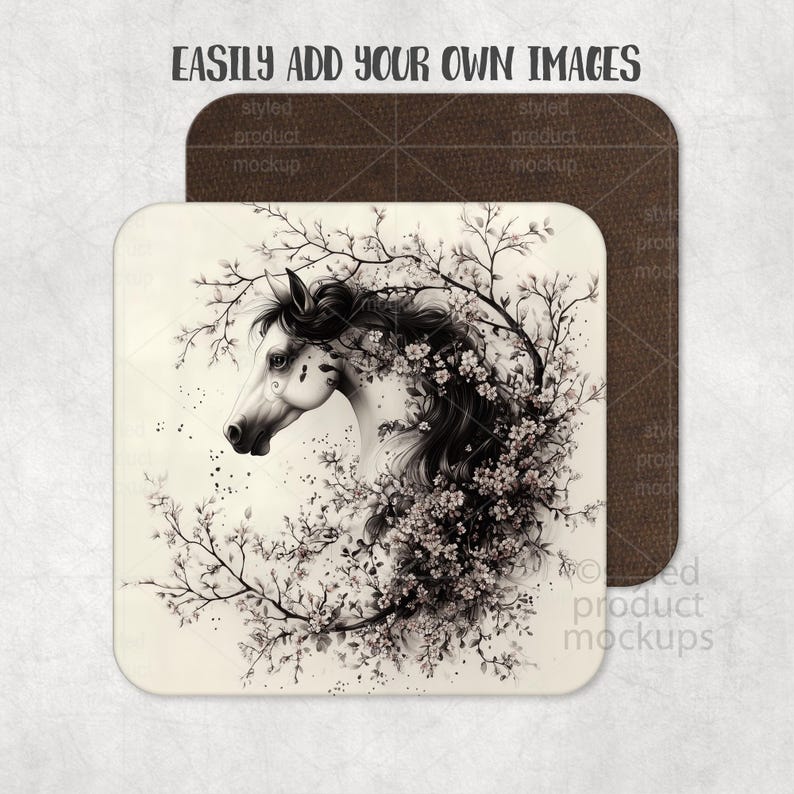 May include: A square coaster with a detailed illustration of a horse's head surrounded by flowering branches. The design is in black and white, with the text "EASILY ADD YOUR OWN IMAGES" at the top. A second coaster is visible in the background.