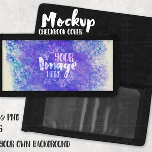 May include: Black checkbook cover mockup with a watercolor design featuring purple, blue, and white colors. The text "YOUR IMAGE HERE" is displayed on the cover. The mockup is isolated on a white background.