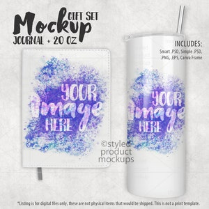 May include: A mockup of a white journal and a 20 ounce white tumbler with a watercolour design in shades of blue and purple. The text "YOUR IMAGE HERE" is superimposed on the design. The text "GIFT SET JOURNAL + 20 OZ" is at the top of the image. The text "INCLUDES: Smart PSD, Simple PSD, PNG, EPS, Canva Frame" is at the top right of the image.