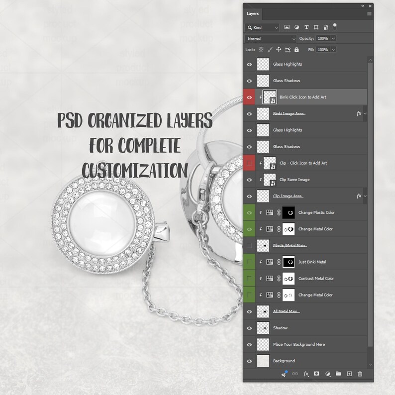 May include: A silver-colored locket with a clear center, surrounded by small, sparkling stones. The locket is attached to a chain. Text on the image reads "PSD ORGANIZED LAYERS FOR COMPLETE CUSTOMIZATION".