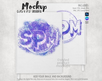 May include: A white journal mockup with the text "SPM" in purple and blue, with a watercolor effect. The journal measures 5.75 x 7.5 inches. The image includes the text "Mockup" and "Styled Product Mockups".