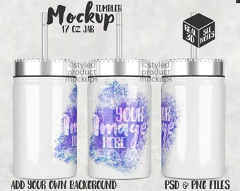 May include: Mockup of a white 17 ounce tumbler with a silver lid and straw. The tumbler has a watercolour-style design with purple, blue, and white colours. The text "Your Image Here" is superimposed on the design. The text "Add Your Own Background" is at the bottom of the image. The text "PSD & PNG Files" is at the bottom right of the image.