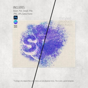 Puede incluir: Maqueta de producto digital con un fondo con textura de lienzo y un dise&ntilde;o abstracto morado y azul. El dise&ntilde;o incluye las letras "ST" en una fuente estilizada. La imagen incluye texto que indica los formatos de archivo digital incluidos.