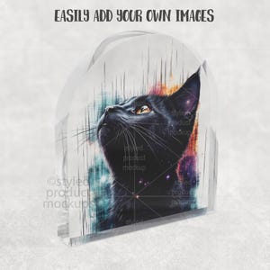 Op de afbeelding: Een helder acrylblok met een illustratie van een zwarte kat met gele ogen, die omhoog kijkt. De achtergrond is een mix van levendige kleuren. De tekst "EASILY ADD YOUR OWN IMAGES" is bovenaan zichtbaar.