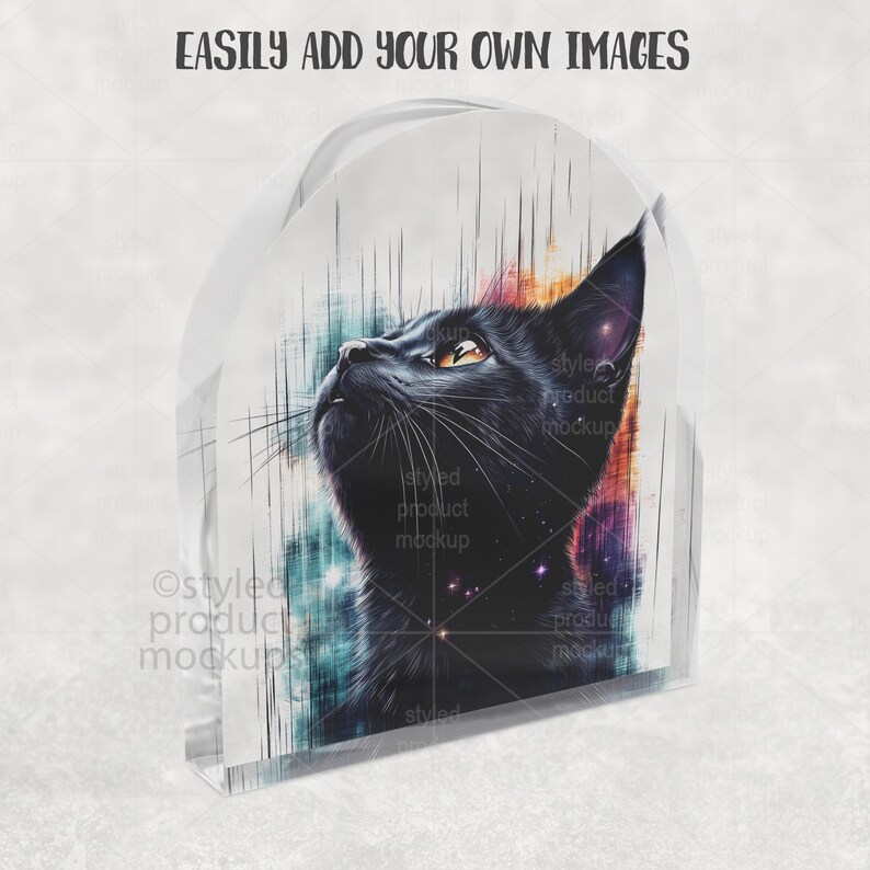 Op de afbeelding: Een helder acrylblok met een illustratie van een zwarte kat met gele ogen, die omhoog kijkt. De achtergrond is een mix van levendige kleuren. De tekst "EASILY ADD YOUR OWN IMAGES" is bovenaan zichtbaar.