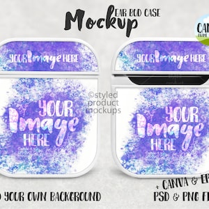 Puede incluir: Una maqueta de estuche para Airpods blanco con un diseño de acuarela en tonos de morado, rosa y azul. El texto "YOUR Image HERE" está escrito en blanco en el estuche. El estuche está sobre un fondo blanco.