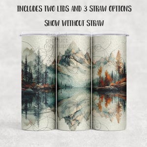Peut inclure: Trois gobelets en acier inoxydable avec un motif sur le th&egrave;me de la nature. Les gobelets pr&eacute;sentent une sc&egrave;ne de montagne et de lac avec des arbres dans des tons de vert, d'orange et de bleu. Le texte en haut indique "INCLUDES TWO LIDS AND 3 STRAW OPTIONS" et "SHOW WITHOUT STRAW".
