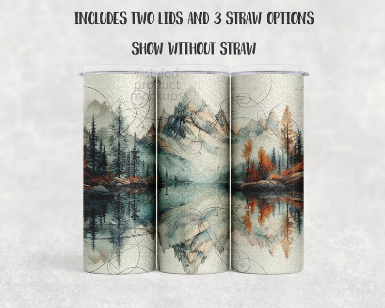 Peut inclure: Trois gobelets en acier inoxydable avec un motif sur le th&egrave;me de la nature. Les gobelets pr&eacute;sentent une sc&egrave;ne de montagne et de lac avec des arbres dans des tons de vert, d'orange et de bleu. Le texte en haut indique "INCLUDES TWO LIDS AND 3 STRAW OPTIONS" et "SHOW WITHOUT STRAW".