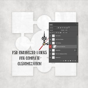 K&ouml;nnte beinhalten: Eine wei&szlig;e Uhr in Puzzleform mit schwarzen Zeigern und einem roten Sekundenzeiger. Das Bild enth&auml;lt den Text "PSD ORGANIZED LAYERS FOR COMPLETE CUSTOMIZATION" und ein Ebenen-Panel einer Designsoftware.