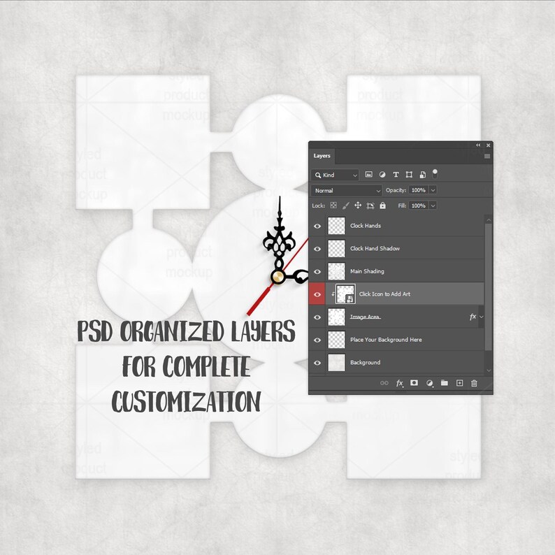 K&ouml;nnte beinhalten: Eine wei&szlig;e Uhr in Puzzleform mit schwarzen Zeigern und einem roten Sekundenzeiger. Das Bild enth&auml;lt den Text "PSD ORGANIZED LAYERS FOR COMPLETE CUSTOMIZATION" und ein Ebenen-Panel einer Designsoftware.