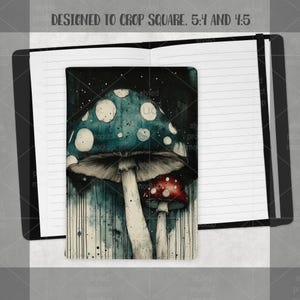 May include: Notebook with a watercolor illustration of two mushrooms. The larger mushroom has a teal cap with white spots, and the smaller one has a red cap. The notebook is open, with lined pages visible.