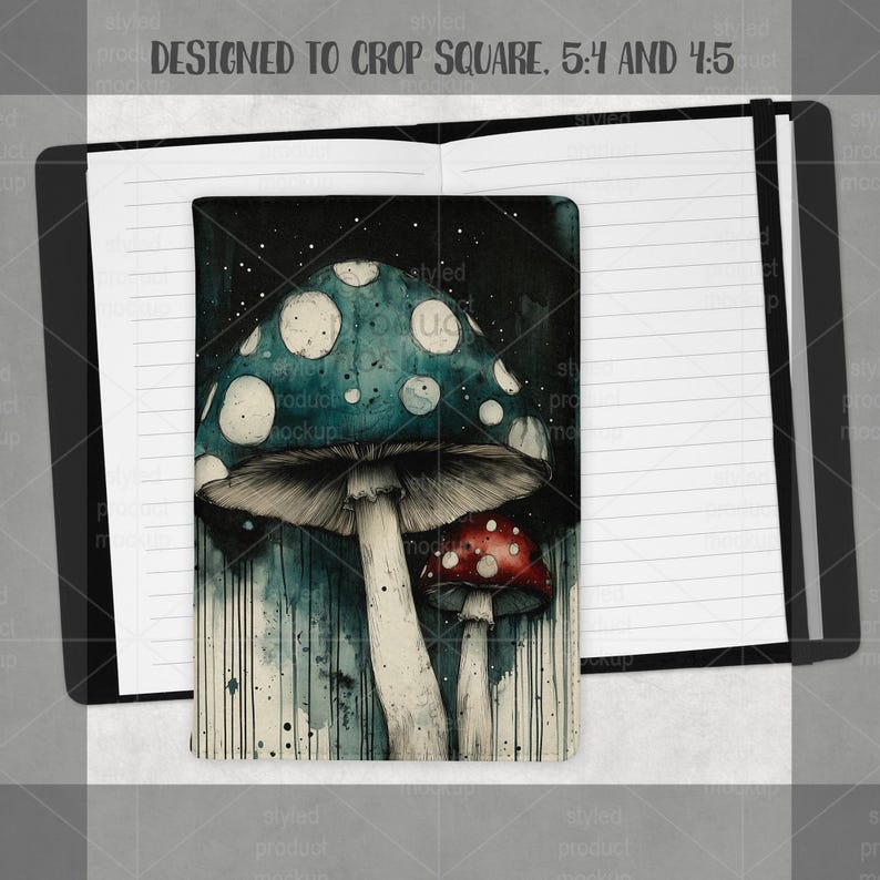 May include: Notebook with a watercolor illustration of two mushrooms. The larger mushroom has a teal cap with white spots, and the smaller one has a red cap. The notebook is open, with lined pages visible.