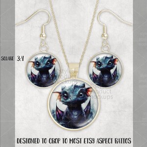 May include: A jewellery set comprising a pendant necklace and earrings. Each item displays a detailed illustration of a blue dragon with orange highlights. The set is designed to fit most Etsy aspect ratios. The image text reads "DESIGNED TO CROP TO MOST ETSY ASPECT RATIOS."