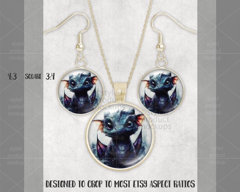 May include: A jewellery set comprising a pendant necklace and earrings. Each item displays a detailed illustration of a blue dragon with orange highlights. The set is designed to fit most Etsy aspect ratios. The image text reads "DESIGNED TO CROP TO MOST ETSY ASPECT RATIOS."