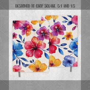 May include: Two notebooks with floral designs. The covers feature watercolor-style flowers in shades of red, pink, purple, yellow, and blue, set against a cream-colored background. The notebooks have a linen-like texture and a gray ribbon bookmark.