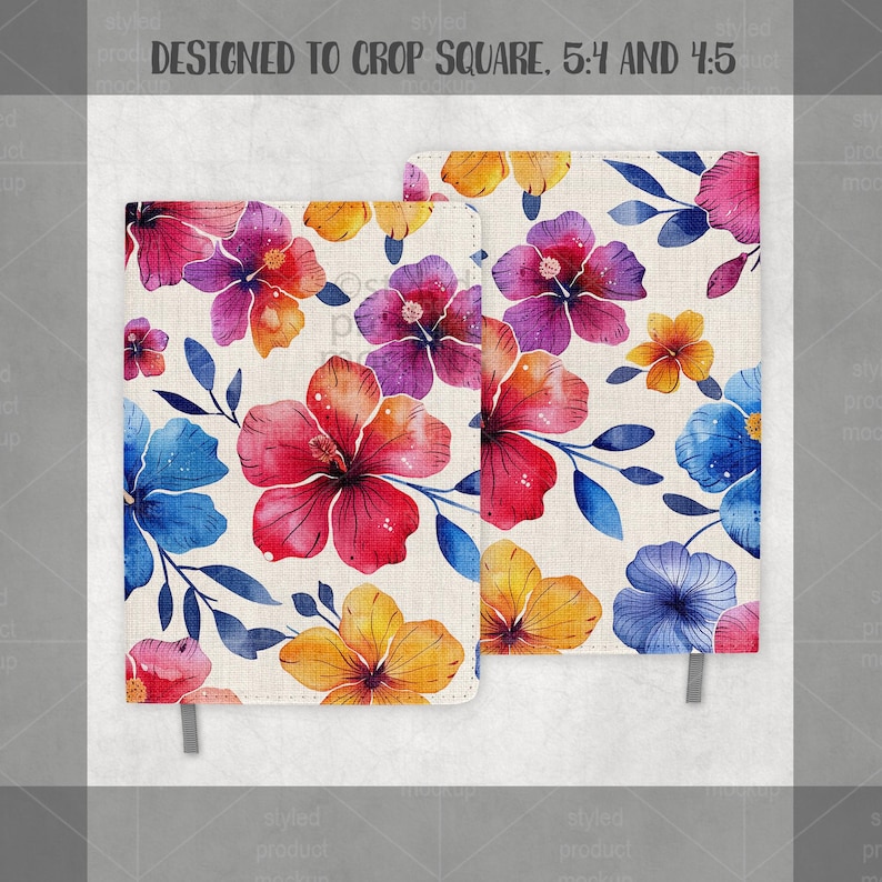 May include: Two notebooks with floral designs. The covers feature watercolor-style flowers in shades of red, pink, purple, yellow, and blue, set against a cream-colored background. The notebooks have a linen-like texture and a gray ribbon bookmark.